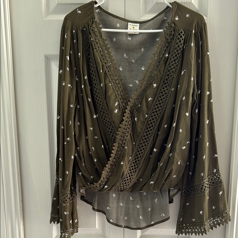 By Together Green Wrap Blouse with Long Sleeves